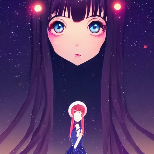 Prompt: portrait of a beautiful girl with dark hair in magical girl fashion, a starry night background, rich vivid colors, ambient lighting, dynamic lighting, 4k, official media, anime key visual, makoto shinkai, ilya kuvshinov, lois van baarle, rossdraws, detailed, trending on artstation