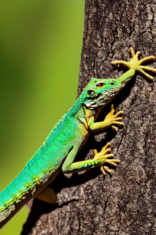 Image similar to highly detailed photo of a lizard running up a tree, 3 5 mm, 4 k, photorealistic