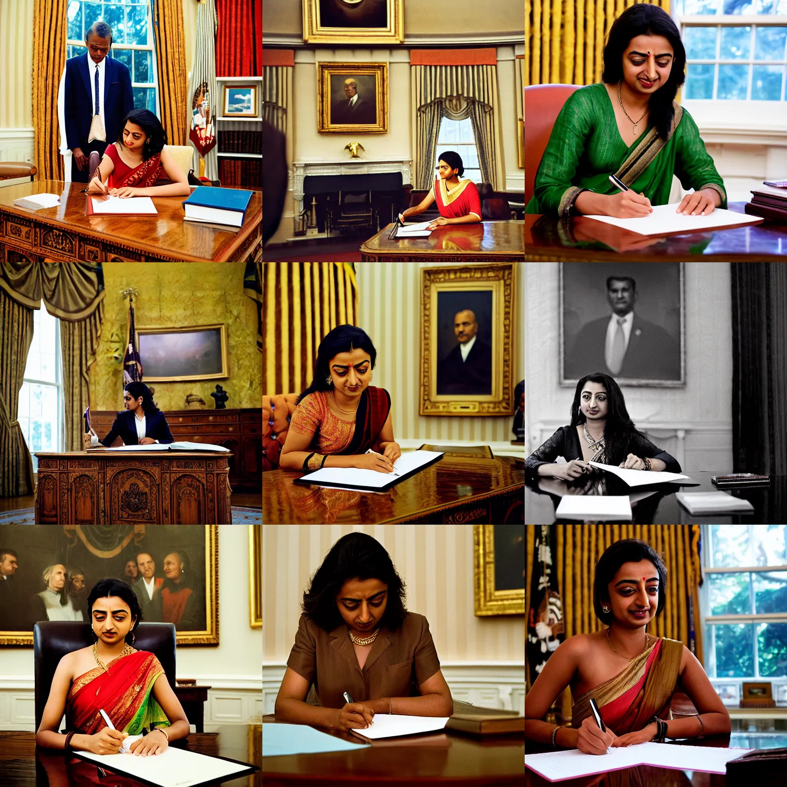 Prompt: Radhika Apte as President, signing a bill in the Oval Office, closeup of head and upper body, photo portrait by Steve McCurry