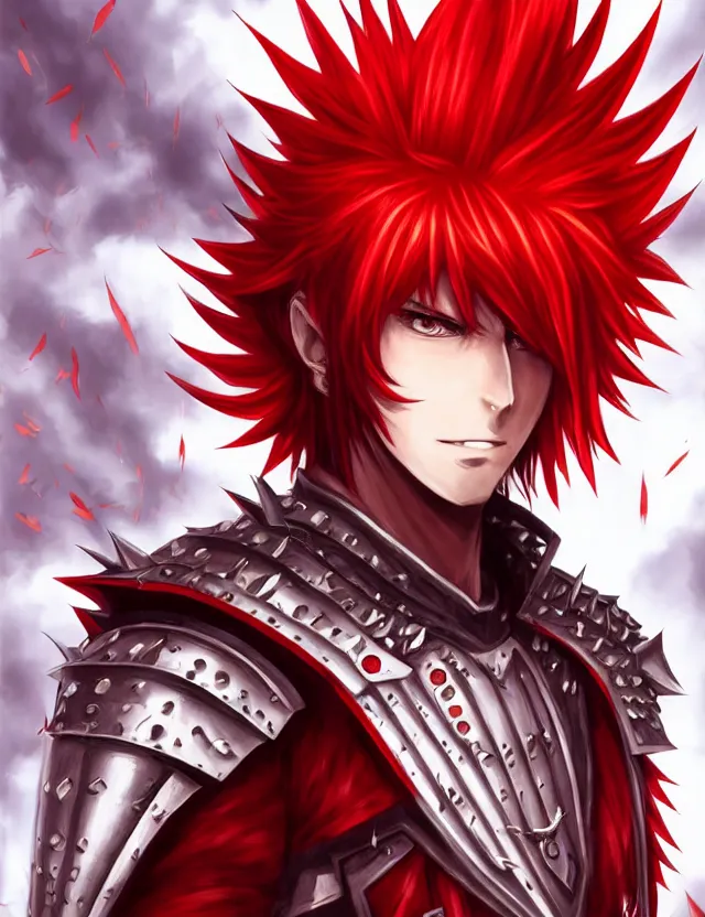 Image similar to a detailed manga portrait of a handsome tall man with spiked crimson hair in fiery crimson crystalline armour, trending on artstation, digital art, 4 k resolution, detailed, high quality, sharp focus, hq artwork, coherent, insane detail, character portrait