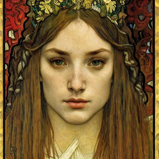 Image similar to detailed realistic beautiful young medieval queen face portrait by jean delville, alphonse mucha, vincent van gogh, and marco mazzoni, art nouveau, symbolist, visionary, gothic, pre - raphaelite
