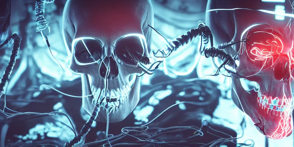 Image similar to a photorealistic cyberpunk skull with electronic wires and cables coming out of it, eyes lighting up with LED lights, in a seedy cellar lab, vaporwave, scifi, trending on artstation, 4K, cinematic, epic lighting, UHD, HDR