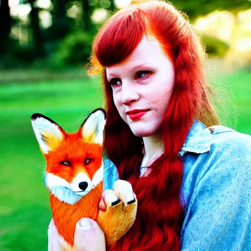 Image similar to portrait of a red haired woman, in 7 0 s clothes, holding a fox over her head while roller skating