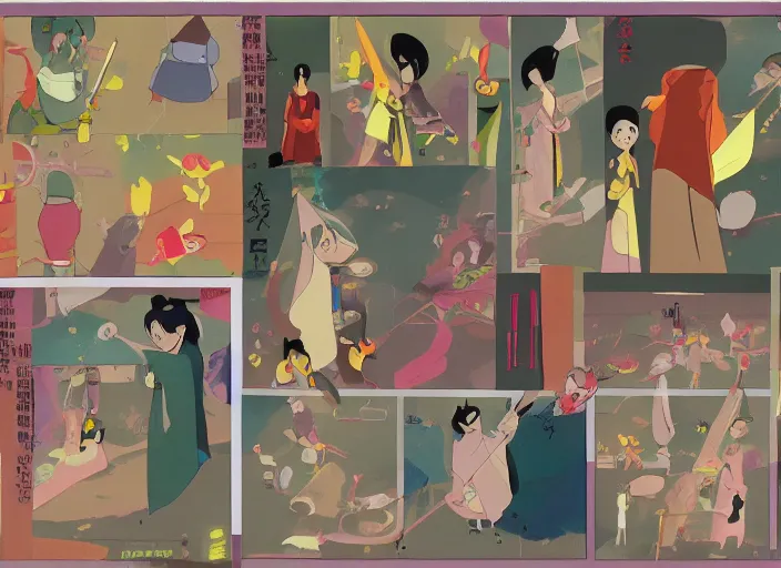 Image similar to experimental character exploration mixed media collage reference sheet layout from masaaki yuasa's mulan ( 1 9 9 7 )