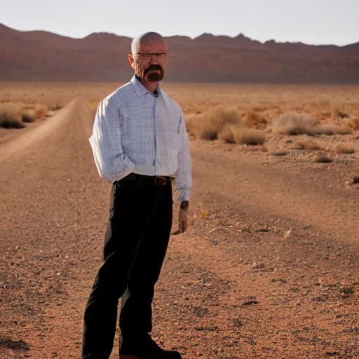 Prompt: A photo of Walter White, cinematic lighting, New Mexico desert, XF IQ4, f/1.4, ISO 200, 1/160s, 8K, RAW, unedited, symmetrical balance, in-frame, Facial Retouch