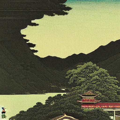 Image similar to dragon, landscape art by Kawase Hasui