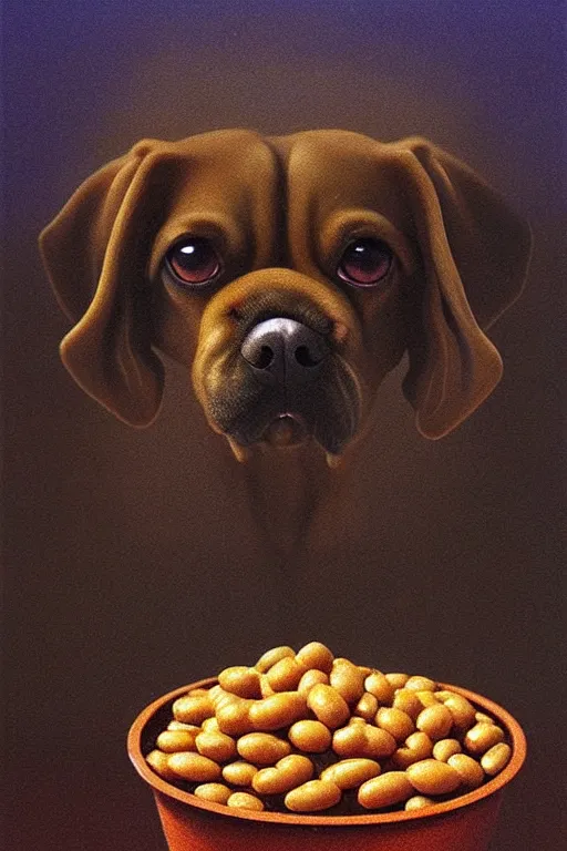 Image similar to painting of a very cute dog fused with british baked beans, dog is made of baked beans, baked bean skin texture, by zdzislaw beksinski, by dariusz zawadzki, by wayne barlowe, gothic, surrealism, cosmic horror, lovecraftian, cold hue's, warm tone gradient background, concept art, beautiful composition