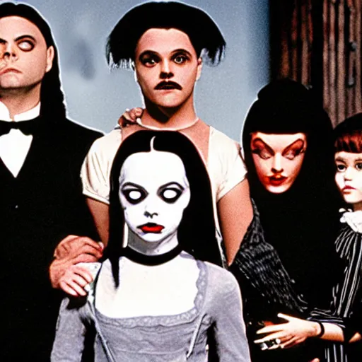 Image similar to scene from the movie the Addams Family, starring The Weeknd as Wednesday Addams