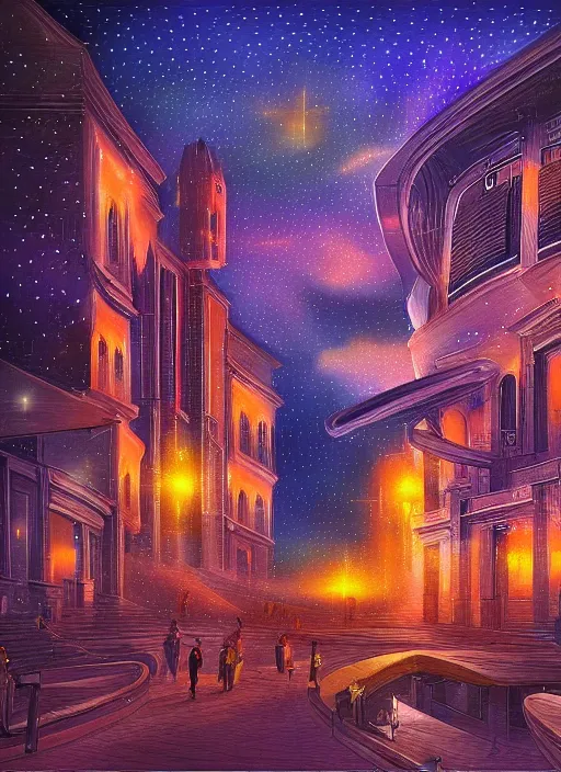 Image similar to ethereal starlit city of dreams at sunset, italian futurism, da vinci, hd, digital painting