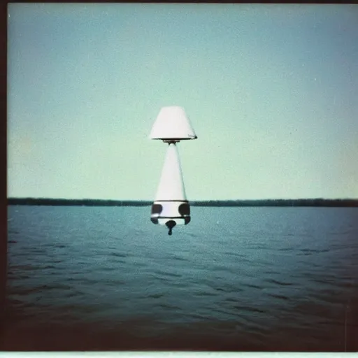 Image similar to cylindrical ufo hovering above water, real Polaroid photo