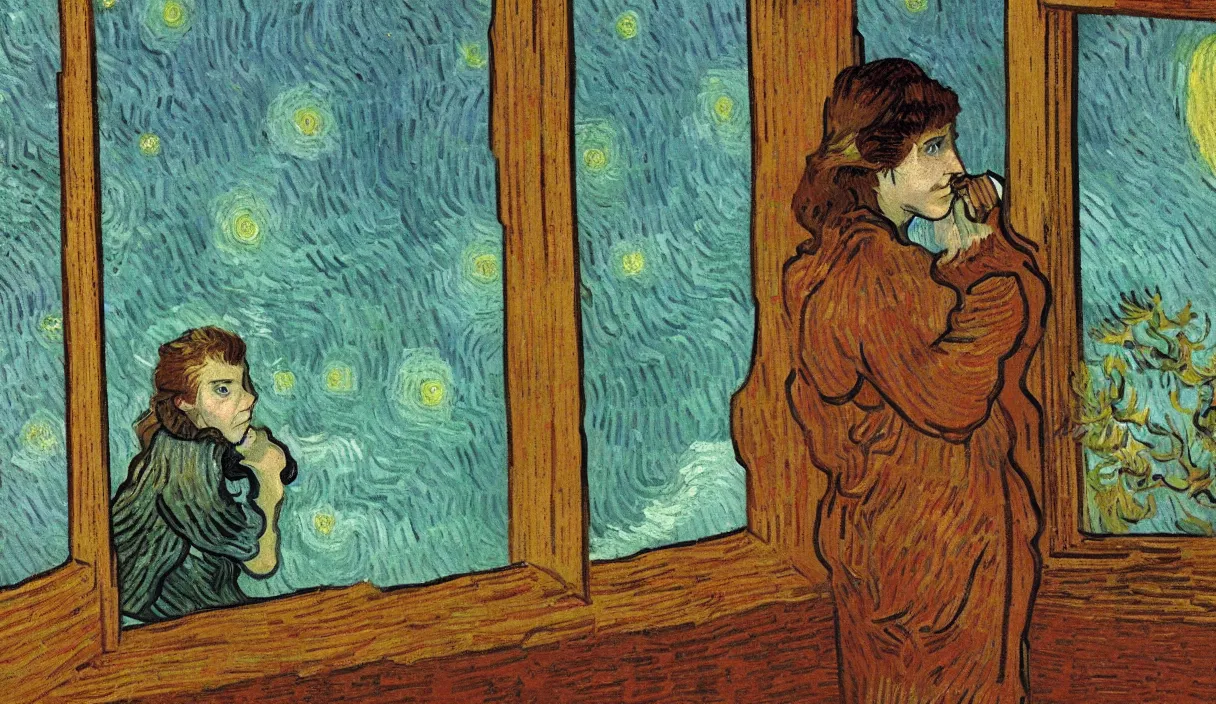 Image similar to lonely young woman with brown hair looking outside of window thinking, painting by van gogh