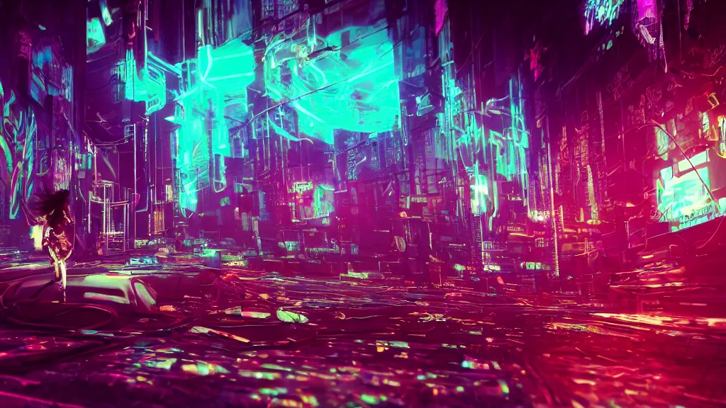 Prompt: glitchcore cyberpunk neon ghosts and spirits floating in a liminal space, dreamcore, surreal dream-like atmosphere, cinematic lighting, photorealistic, hyperrealism, hyperrealistic, 8k ultraHD octane render