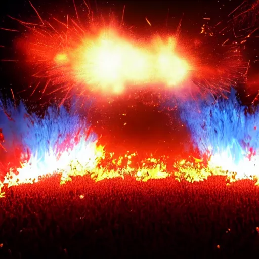 Prompt: the biggest mosh pit in the world, punks throwing Molotovs in the air, fighting, flame and fire, glowing upside cross, cinematic, epic, volumetric, godrays, dynamic lighting, dust flying up into the air, people shooting into the air with guns, octane render, photorealistic, unreal engine, artstation, artstation trending, artstation hq, artstation hd, Pinterest, 8k, ultra detailed, ultra realistic,