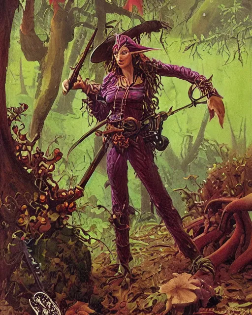 Image similar to moonshine cybin, buxom epic level dnd wood elf spore druidess, wielding a magical sword, wearing magical overalls. covered in various fungi. full character concept art, realistic, high detail painting by angus mcbride and michael whelan and michael william kaluta.