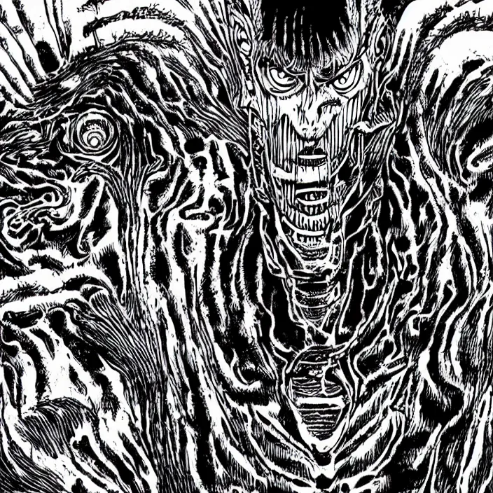 Prompt: Junji Ito manga artwork of a monstrous cyborg abomination