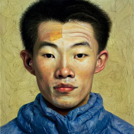 Image similar to detailed portrait of a modern, young confident asian american young man, by lucian freud, francis bacon, john chamberlain, willem de kooning, andreas franke, jean giraud, rob gonsalves, james gurney, james jean, ruan jia, gustav klimt