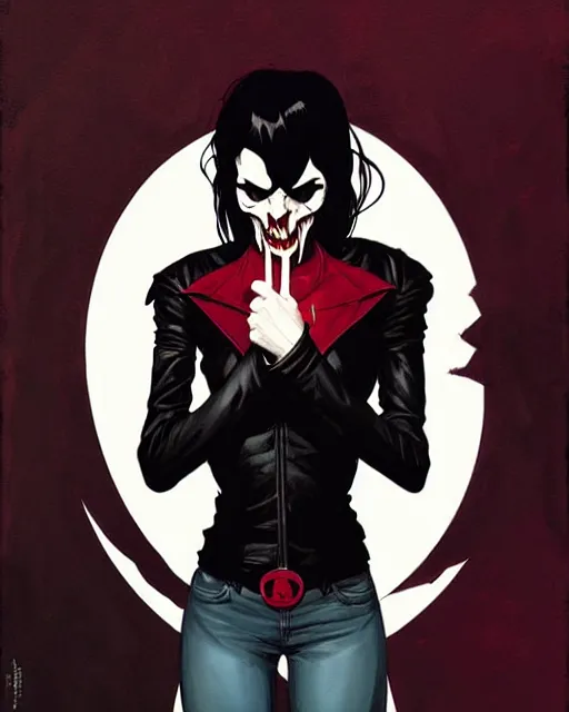 Image similar to rafael albuquerque comic art, peter mohrbacher, phil noto, steve niles, artgerm, pretty willa holland vampire sharp vampire teeth open mouth, symmetrical eyes, black leather jacket, jeans, long black hair