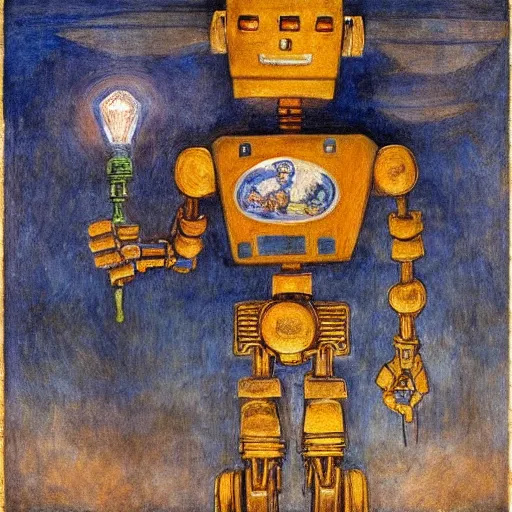 Prompt: the robot with his lantern and crown, by Annie Swynnerton and Diego Rivera , symbolist, dramatic lighting, elaborate geometric ornament, Art Brut, soft cool colors,smooth, sharp focus, extremely detailed, Adolf Wölfli and (Donato Giancola)