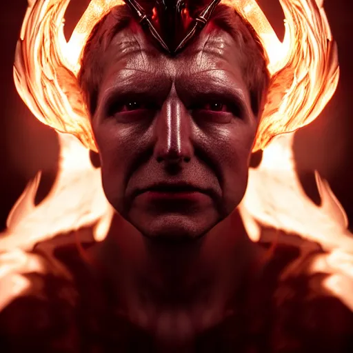 Image similar to photorealistic, iso - 4 0 0, canon eos 5 d mark iv, shot on 7 0 mm, portrait of male archangel bellringer form lexx by lee jeffries and platon colloidal silver skin makeup, flames halo ring over head, demonic, horns, fangs, nd 4, perfect studio lighting