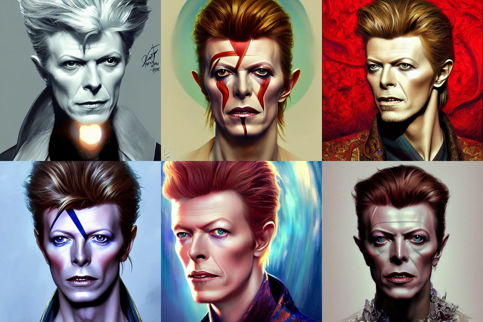 Prompt: portrait of David Bowie, fantasy, intricate, elegant, highly detailed, digital painting, artstation, concept art, smooth, sharp focus, illustration, art by artgerm and greg rutkowski and alphonse mucha