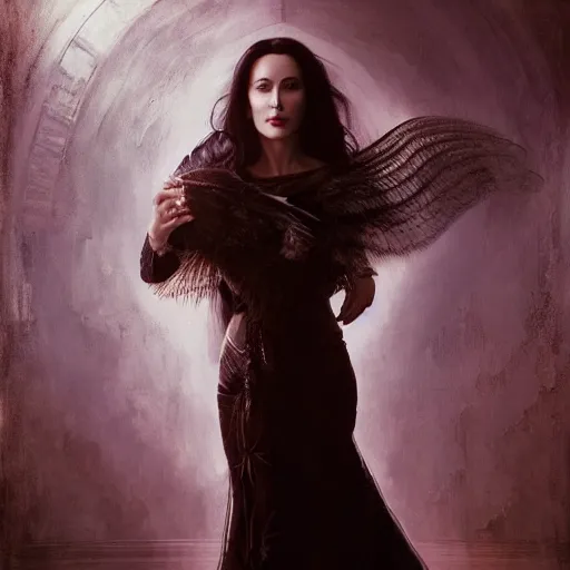 Image similar to majestic gracious regal aristocratic raven haired monica bellucci as the vampire pandora portrait, indoors, atmospheric lighting, painted, intricate, volumetric lighting, beautiful, rich deep colours masterpiece, sharp focus, ultra detailed, by leesha hannigan, ross tran, thierry doizon, kai carpenter, ignacio fernandez rios