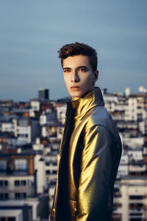 Image similar to un ultra high definition studio quality photographic art portrait of a young man standing on the rooftop of a british apartment building wearing soft padded silver pearlescent clothing. three point light. extremely detailed. golden ratio, ray tracing, volumetric light, shallow depth of field. set dressed.