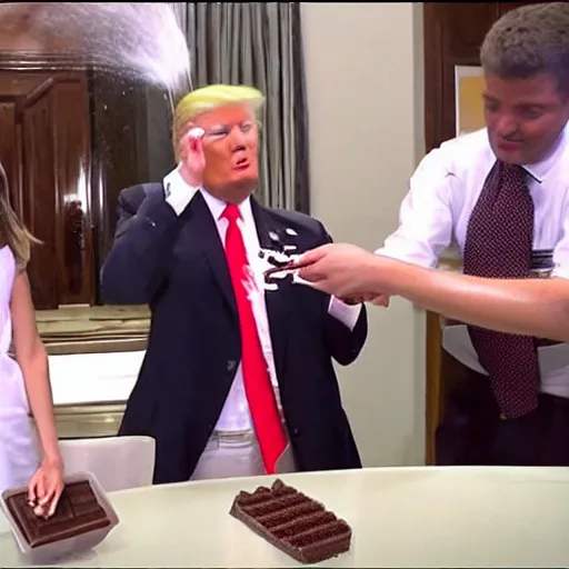 Image similar to donald j. trump spraying chocolate from his hands, chocolate spray landing on liberals