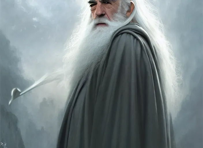 Image similar to white haired sean connery as gandalf, lord of the rings, robes, intricate, elegant, highly detailed, centered, digital painting, artstation, concept art, smooth, sharp focus, illustration, artgerm, tomasz alen kopera, peter mohrbacher, donato giancola, joseph christian leyendecker, wlop, frank frazetta