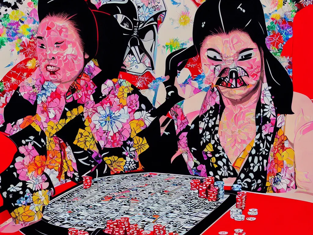 Image similar to hyperrealism composition of the detailed woman in a japanese kimono sitting at an extremely detailed poker table with darth vader, fireworks on the background, pop - art style, jacky tsai style, andy warhol style, acrylic on canvas