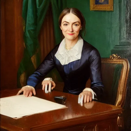 Prompt: official close - up portrait of liz truss in racoon city, alexandria ocasio - cortez, resolute desk, 1 8 4 8, oil on canvas by william sidney mount, trending on artstation, national archives,