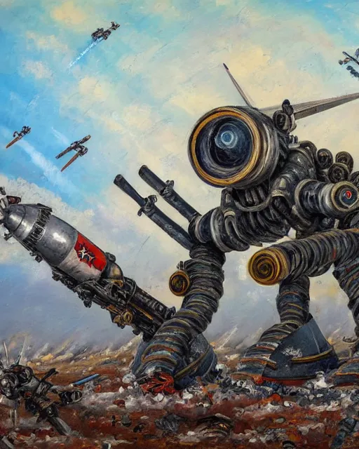 Image similar to sukhoi mech!!! armed with rockets and a minigun, humanoid figure, round machines, oil painting, soviet ( ( ( ( airplane ) ) ) ), tribal yurta, postapocalyptic, sharp focus