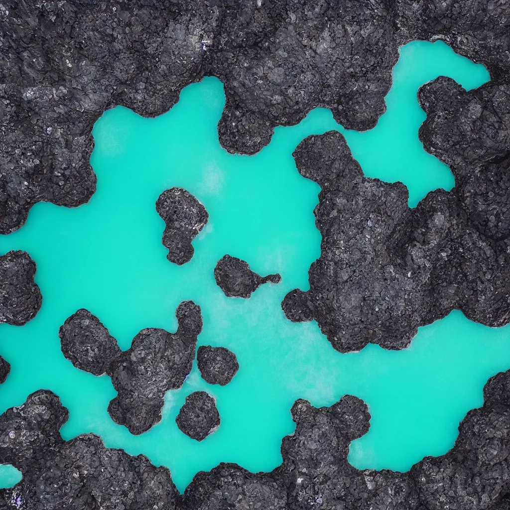 Prompt: birds eye view hexagonal basalt, bright blue pools of water with swirling seafoam, patches of green fields, black volcanic rock, icy glaciers,