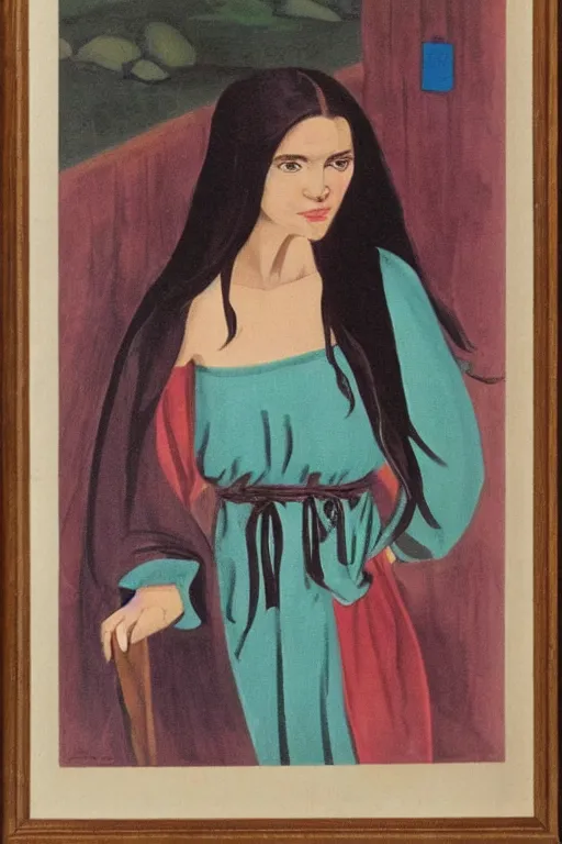 Image similar to young woman with long dark hair, serious look, peasant dress, soviet propaganda art