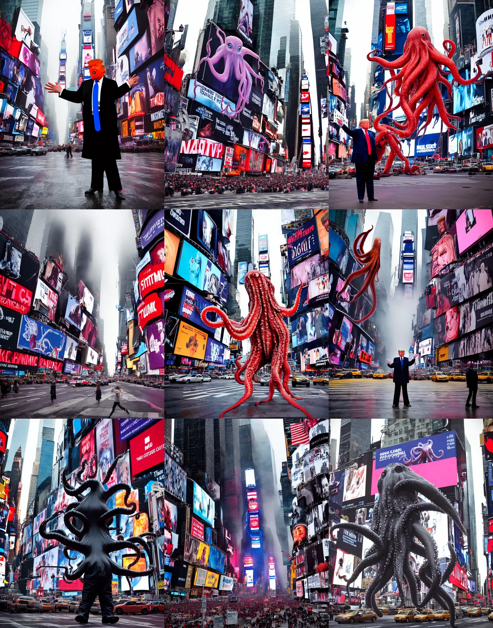 Prompt: donald trump as giant octopus on times square, street, cinematic mood, overcast, foggy, dramatic, full body shot, by discovery channel