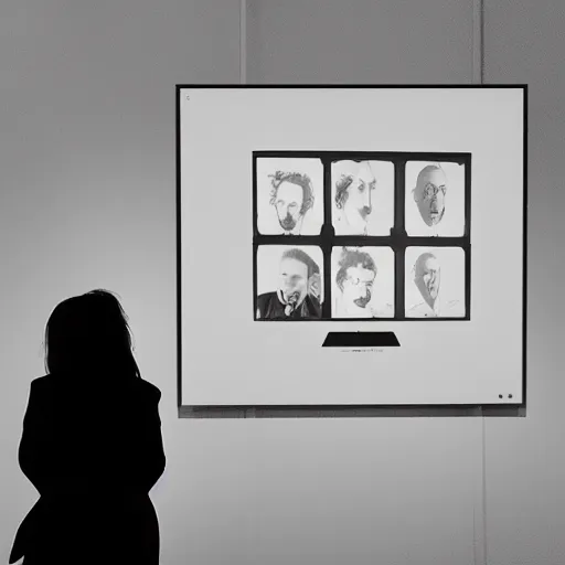 Image similar to art curator looking at a screen with a chat interface, recursive, in the style of grand chamaco and stanley kubrick, inspired by y - 3, photorealistic, epic, super technical, cinematic still