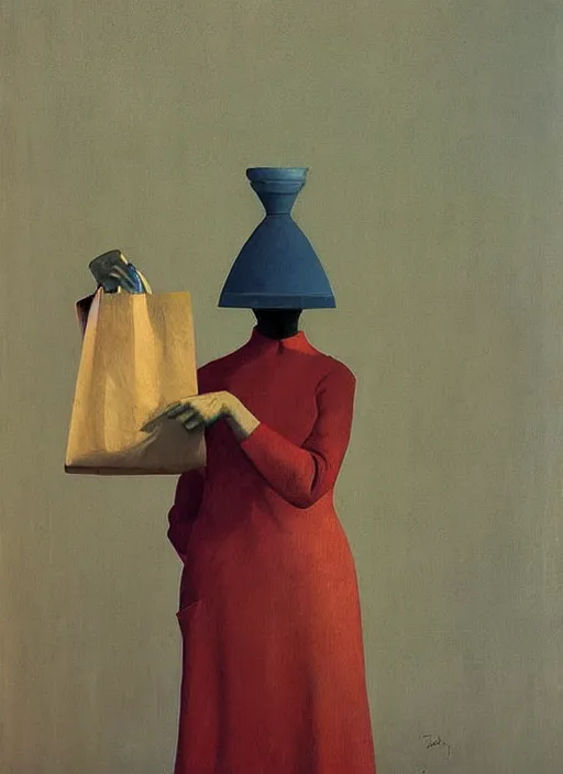 Prompt: woman with a paper bag over the head and a sward at retaurant Edward Hopper and James Gilleard, Zdzislaw Beksinski, Steven Outram highly detailed