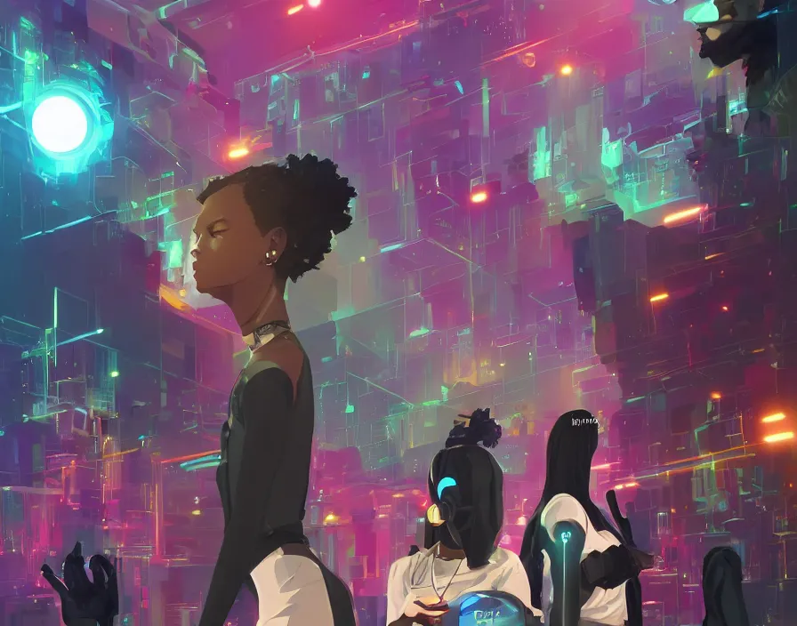 Image similar to afro - afrofuturism - futuristic philanthropists, business attire and money, cryto currency, hacking the financial multiverse | hyperrealistic digital art | by makoto shinkai, ilya kuvshinov, lois van baarle, rossdraws | afrofuturism, in the style of black is beltza, trending on artstation | dark color scheme