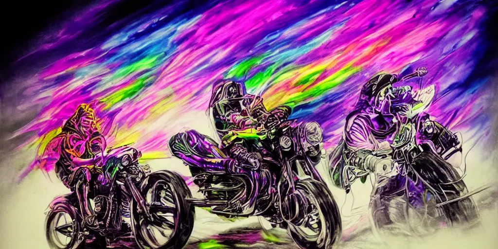 Prompt: psychedelic colorful blacklight airbrush artwork, motorcycles, stylized action shot of orc bikers riding motorcycles, menacing orcs, drifting, skidding, wheelie, clear focused details, soft airbrushed artwork, black background, cgsociety, artstation