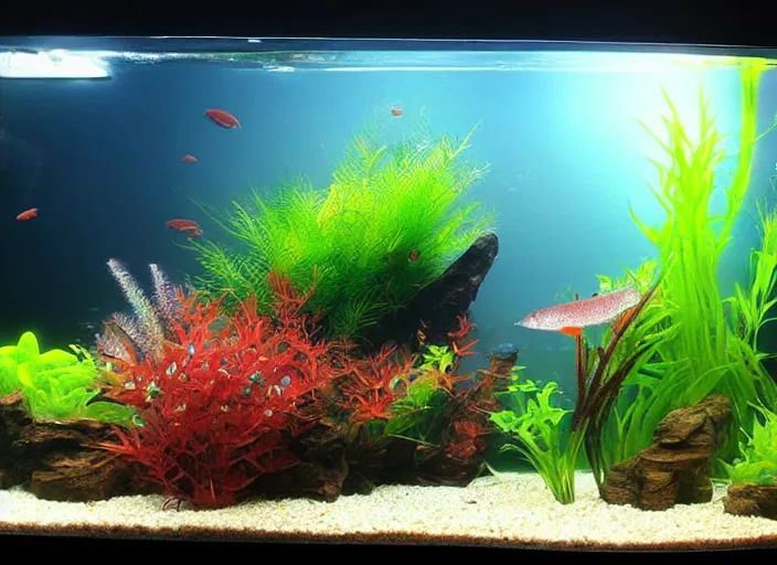 Image similar to ember tetra planted aquarium, placid morning rays, adorable planted cute cluttered aquarium with little fishies, trending on pixiv,