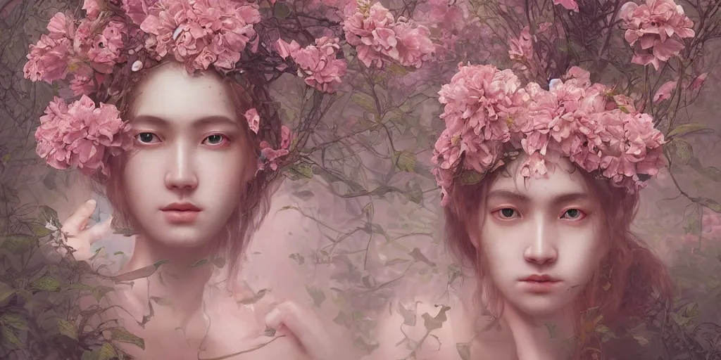 Image similar to breathtaking detailed weird concept art painting of few goddesses of light pink flowers, orthodox saint, with anxious, piercing eyes, ornate background, amalgamation of leaves and flowers, by Hsiao-Ron Cheng, extremely moody lighting, 8K