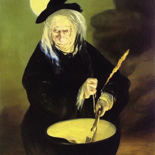 Prompt: An old wrinkled witch dressed in black making potions in her cauldron under the moon light. Oil painting by Francisco de Goya.