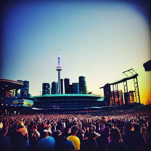 Image similar to “phish playing at the molson amphitheatre, playing giant tweezers instead of instruments, toronto skyline,8k”