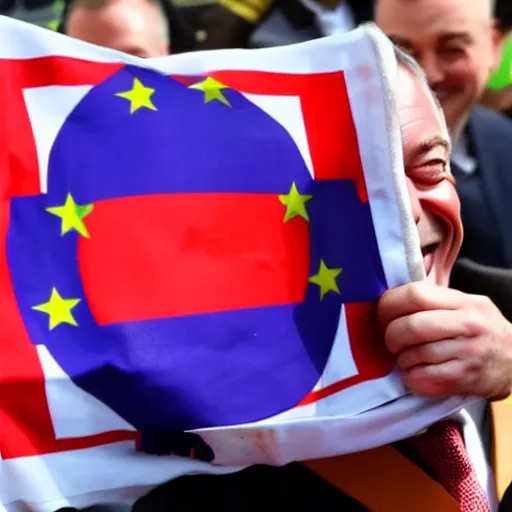 Image similar to nigel farage laughing holding burning eu flag, photograph, hd