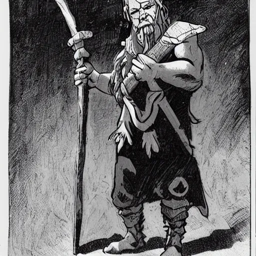 Image similar to A Half-orc Druid holding a wooden staff, holding a wooden staff, Mike Mignola
