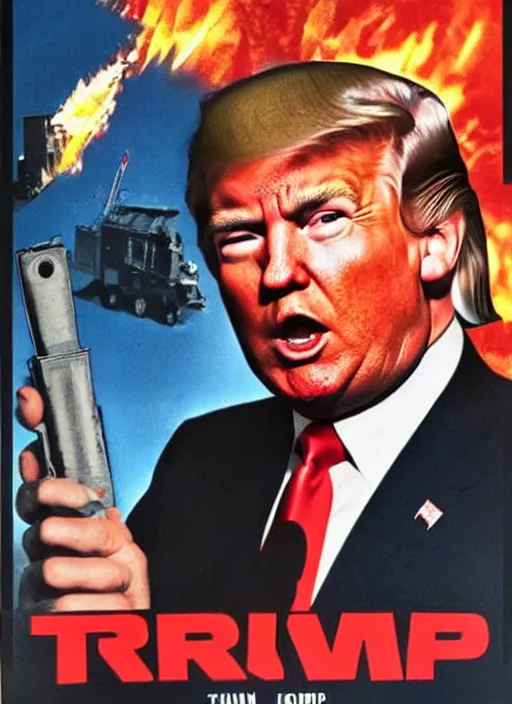 Image similar to an 8 0's john alvin action movie poster of donald trump starring in dumpster fire. explosions.