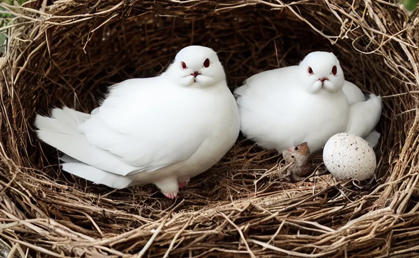 Prompt: An exotic shorthair cat and a dove guarding it's eggs in a nest, white dove, nest is made of sticks, feathers wings, fluffy cat, documentary, national geographic, odd, depth of field, photorealistic