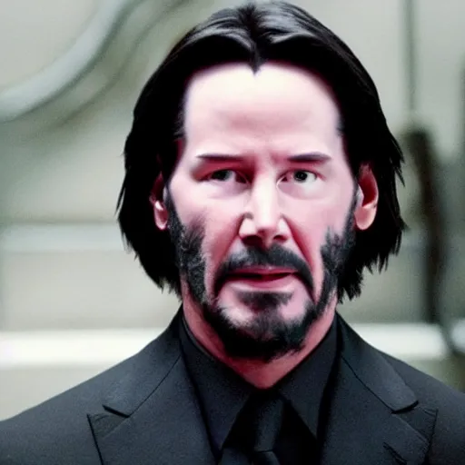 Prompt: A still of Keanu Reeves as President Snow in The Hunger Games (2012)