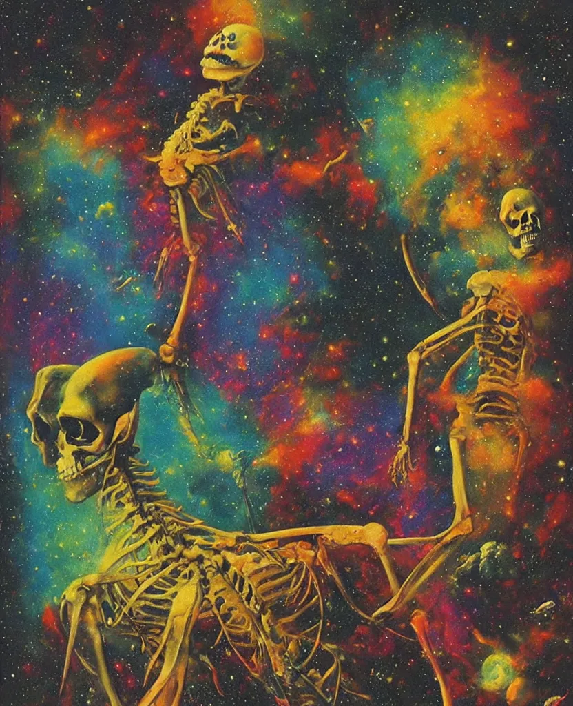 Image similar to a psychedelic cosmonaut skeleton tearing his suit off, rainbow melting color scheme, floating in the cosmos nebula, Beksinski