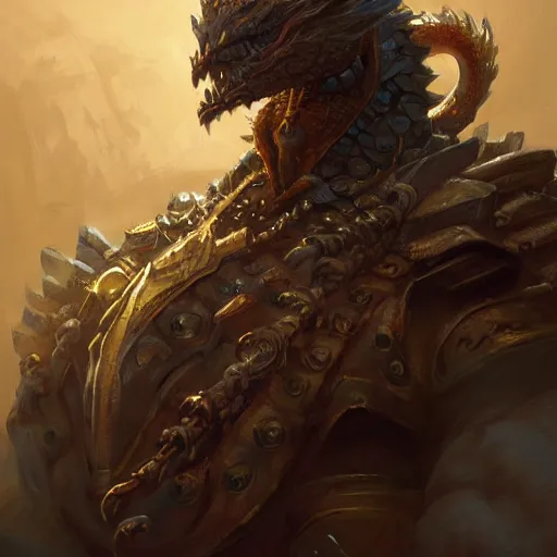 Prompt: a detailed portrait of a dragon noble dressed with a golden armor, by justin gerard and greg rutkowski, digital art, realistic painting, dnd, character design, trending on artstation