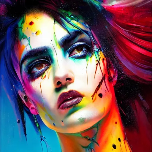 Prompt: cyberpunk goddess black hair, side portrait, striking, defiant, spotlight, vibrant colors, paint splash, beautiful eyes, by marco paludet and gianni strino and marion bolognesi